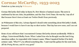 Evocan la grandeza literaria de Cormac McCarthy 8 La Sociedad Cormac MaCarthy